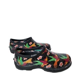 Sloggers Garden Shoes Womens Size 7 Rain Clogs Black Floral Birds Made In USA